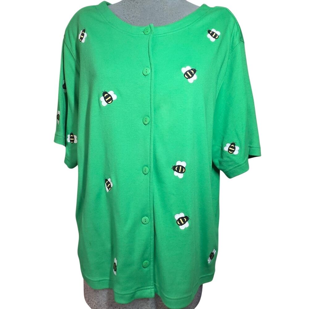 Green Cotton Bee Embroidered Button Up Tee Size 1X